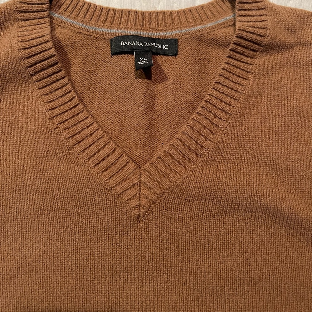 Banana Republic XL Caramel Brown V-neck Sweater with leather elbow patches.